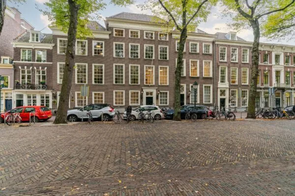 Gevels van historische panden aan het Lange Voorhout in Den Haag met geparkeerde auto's en fietsen op de voorgrond.